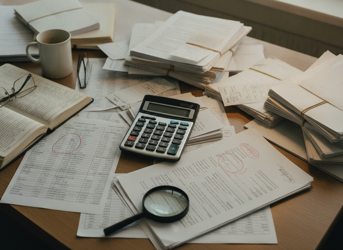 Mesa com documentos, calculadora e lupa em investigação fiscal | Imagine Company - Agência de Marketing e Vendas em Goiânia - GO - BRASIL