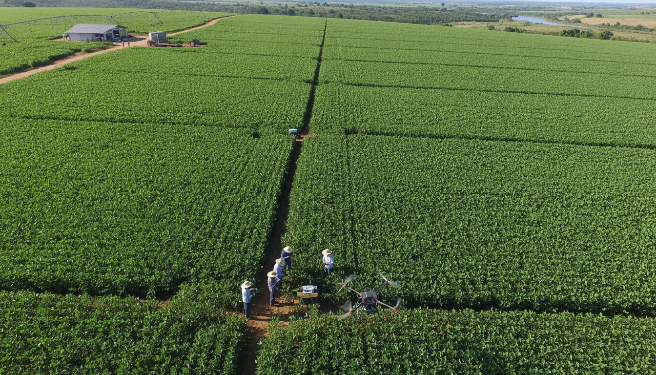 Vista aérea de lavoura de soja com equipe e drone em campo | Imagine Company - Agência de Marketing e Vendas em Goiânia - GO - BRASIL