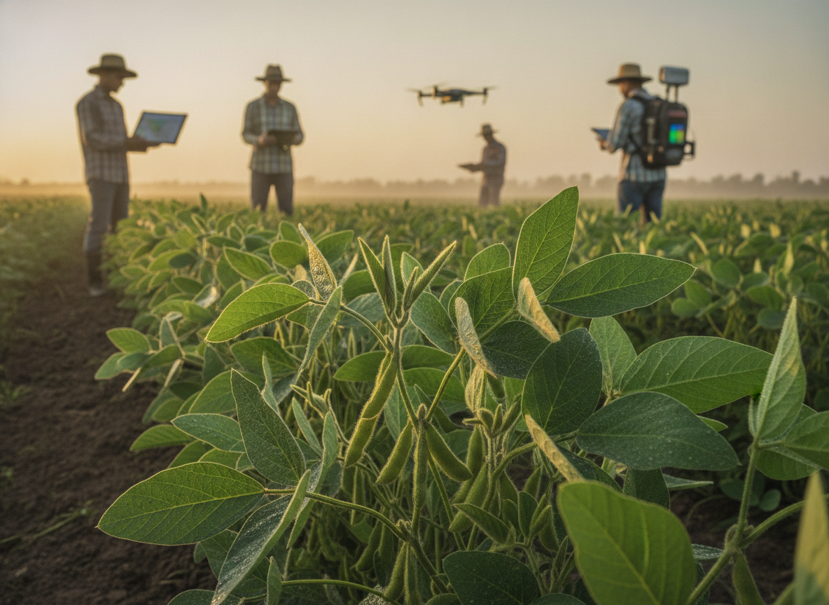 Agricultores em campo de soja usando tecnologia de drone | Imagine Company - Agência de Marketing e Vendas em Goiânia - GO - BRASIL