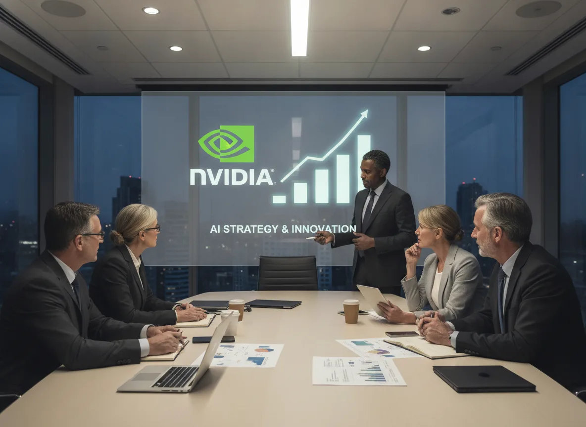 Pessoas em reunião sobre estratégia de IA da Nvidia com gráfico de crescimento | Imagine Company - Agência de Marketing e Vendas em Goiânia - GO - BRASIL