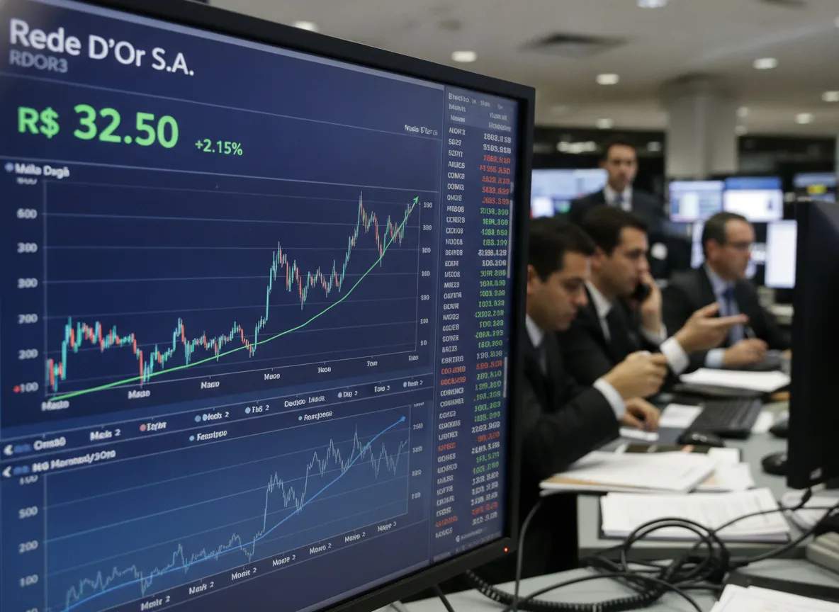 Gráfico de ações da Rede D'Or com equipe analisando dados financeiros | Imagine Company - Agência de Marketing e Vendas em Goiânia - GO - BRASIL