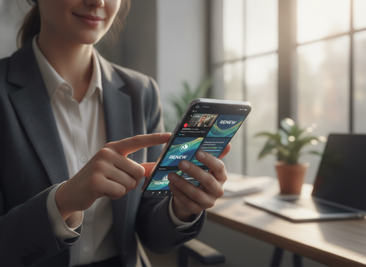 Mulher em escritório usando smartphone para redes sociais | Imagine Company - Agência de Marketing e Vendas em Goiânia - GO - BRASIL