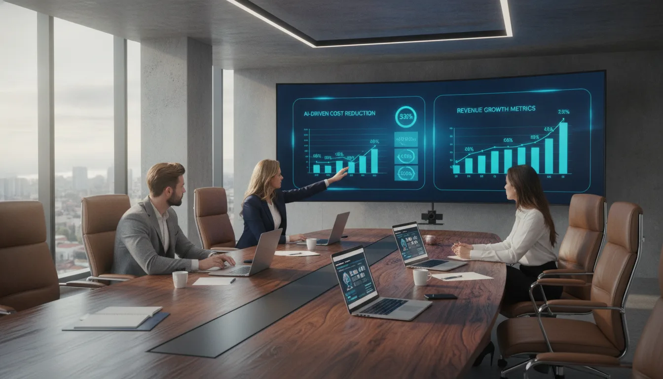 Reunião com gráficos de IA sobre custos e valor em 2026. | Imagine Company - Agência de Marketing e Vendas em Goiânia - GO - BRASIL
