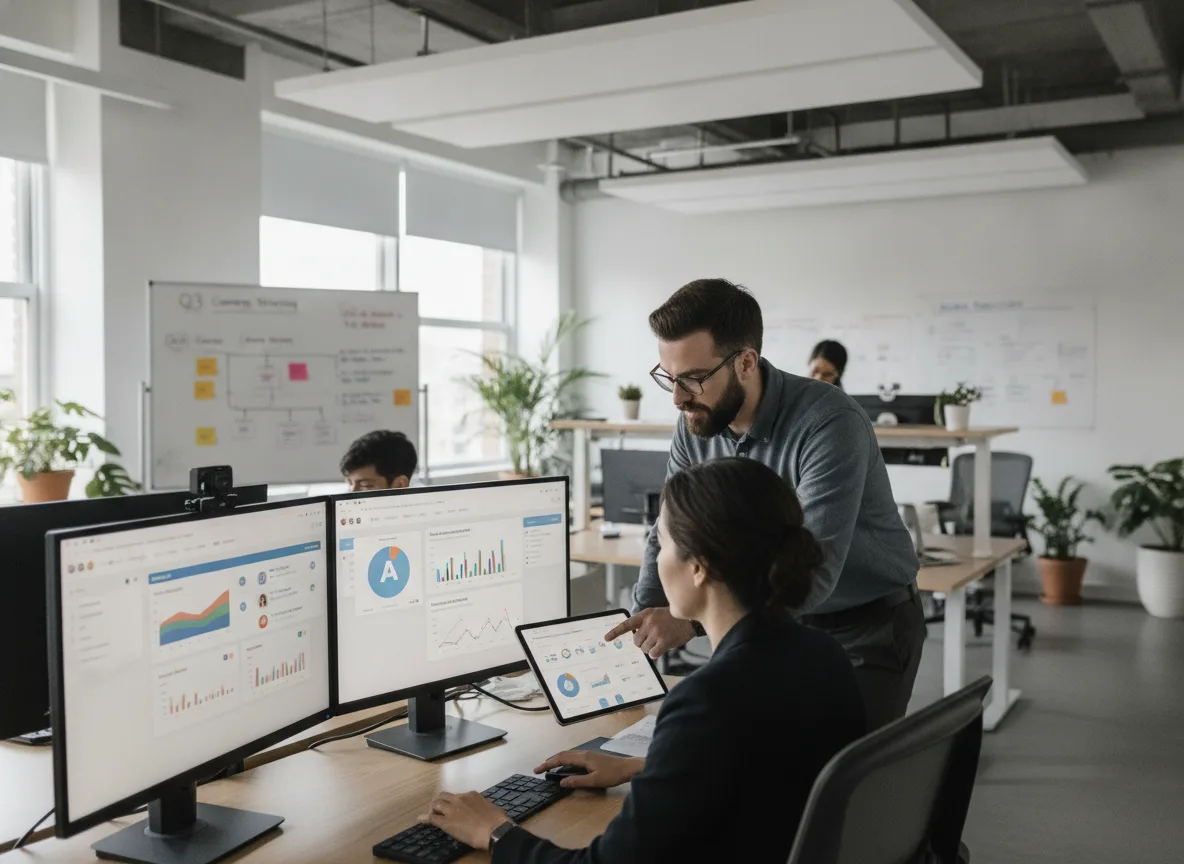 Profissionais em escritório analisando gráficos de IA em computadores. | Imagine Company - Agência de Marketing e Vendas em Goiânia - GO - BRASIL