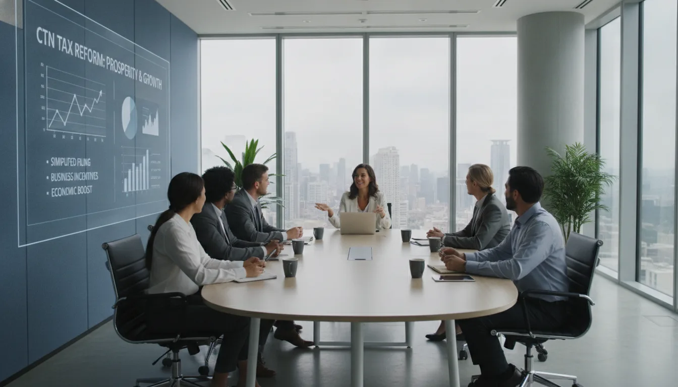 Pessoas em reunião discutindo reforma do CTN com gráficos ao fundo | Imagine Company - Agência de Marketing e Vendas em Goiânia - GO - BRASIL