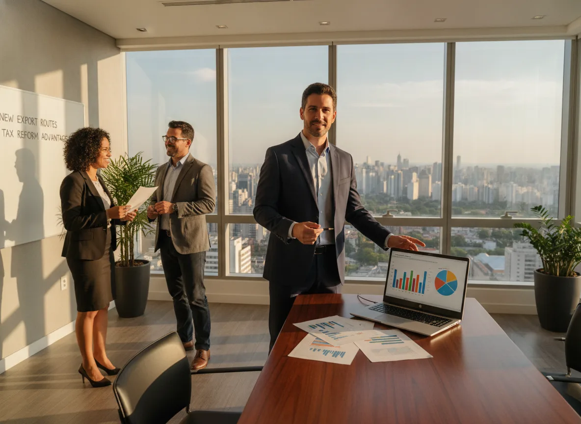 Três pessoas em escritório com gráficos discutindo exportação | Imagine Company - Agência de Marketing e Vendas em Goiânia - GO - BRASIL