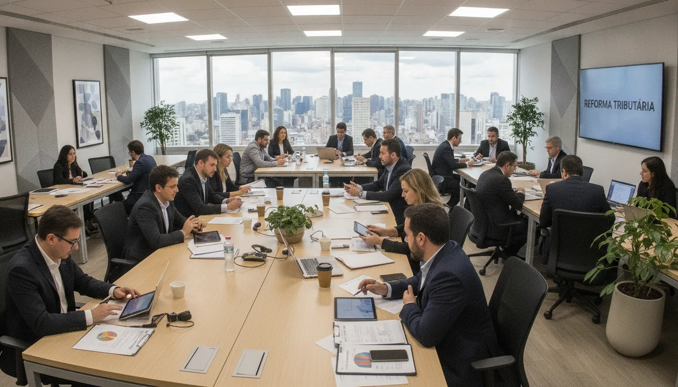 Sala de reunião com profissionais discutindo Reforma Tributária e ICMS | Imagine Company - Agência de Marketing e Vendas em Goiânia - GO - BRASIL