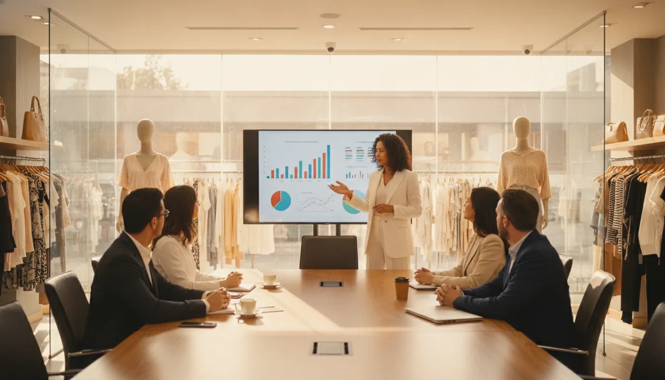 Mulher apresenta gráficos em reunião sobre moda e reforma tributária | Imagine Company - Agência de Marketing e Vendas em Goiânia - GO - BRASIL