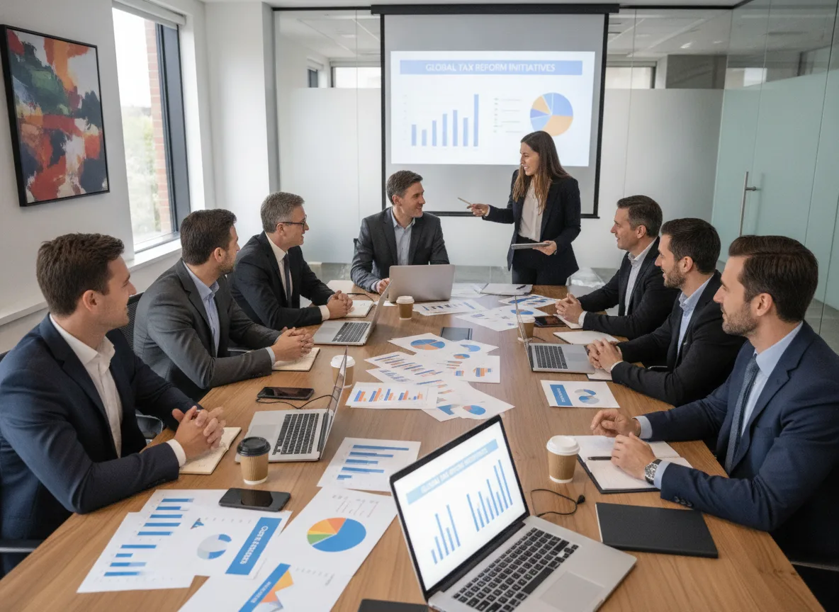 Grupo de empresários em reunião sobre reforma tributária com gráficos e laptops | Imagine Company - Agência de Marketing e Vendas em Goiânia - GO - BRASIL