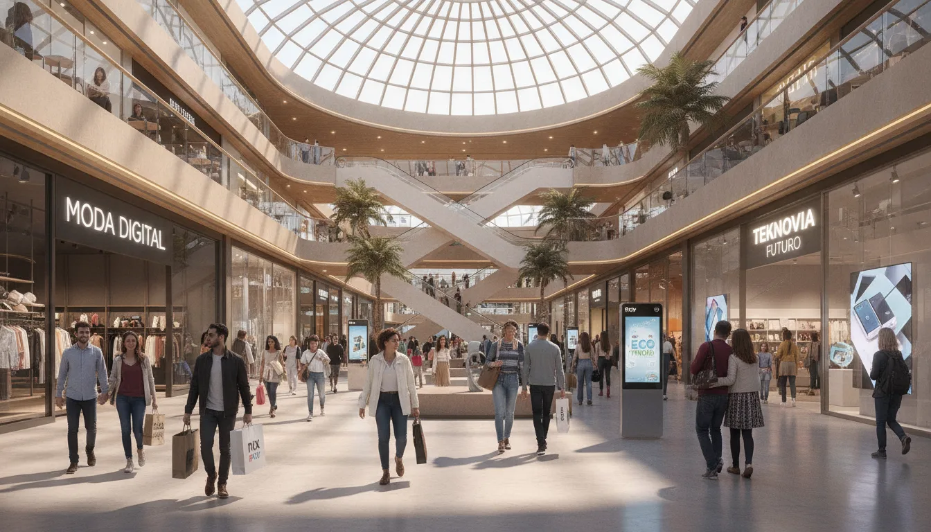 Interior de shopping moderno com pessoas caminhando e lojas ao fundo | Imagine Company - Agência de Marketing e Vendas em Goiânia - GO - BRASIL