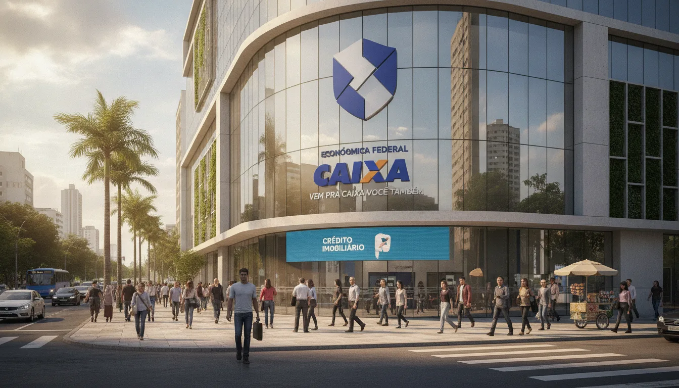 Fachada de banco com pessoas caminhando na calçada em dia ensolarado. | Imagine Company - Agência de Marketing e Vendas em Goiânia - GO - BRASIL