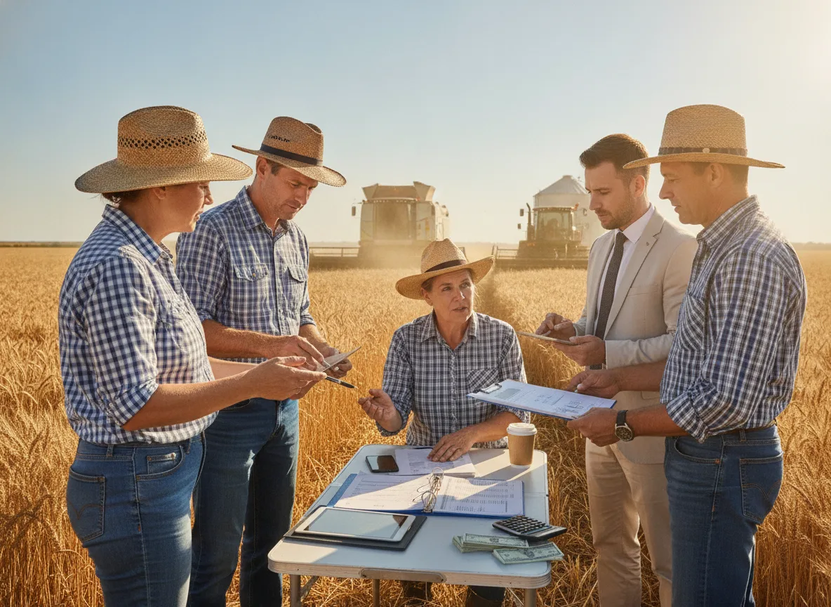 Grupo de agricultores e executivo em reunião sobre renegociação em campo de trigo | Imagine Company - Agência de Marketing e Vendas em Goiânia - GO - BRASIL