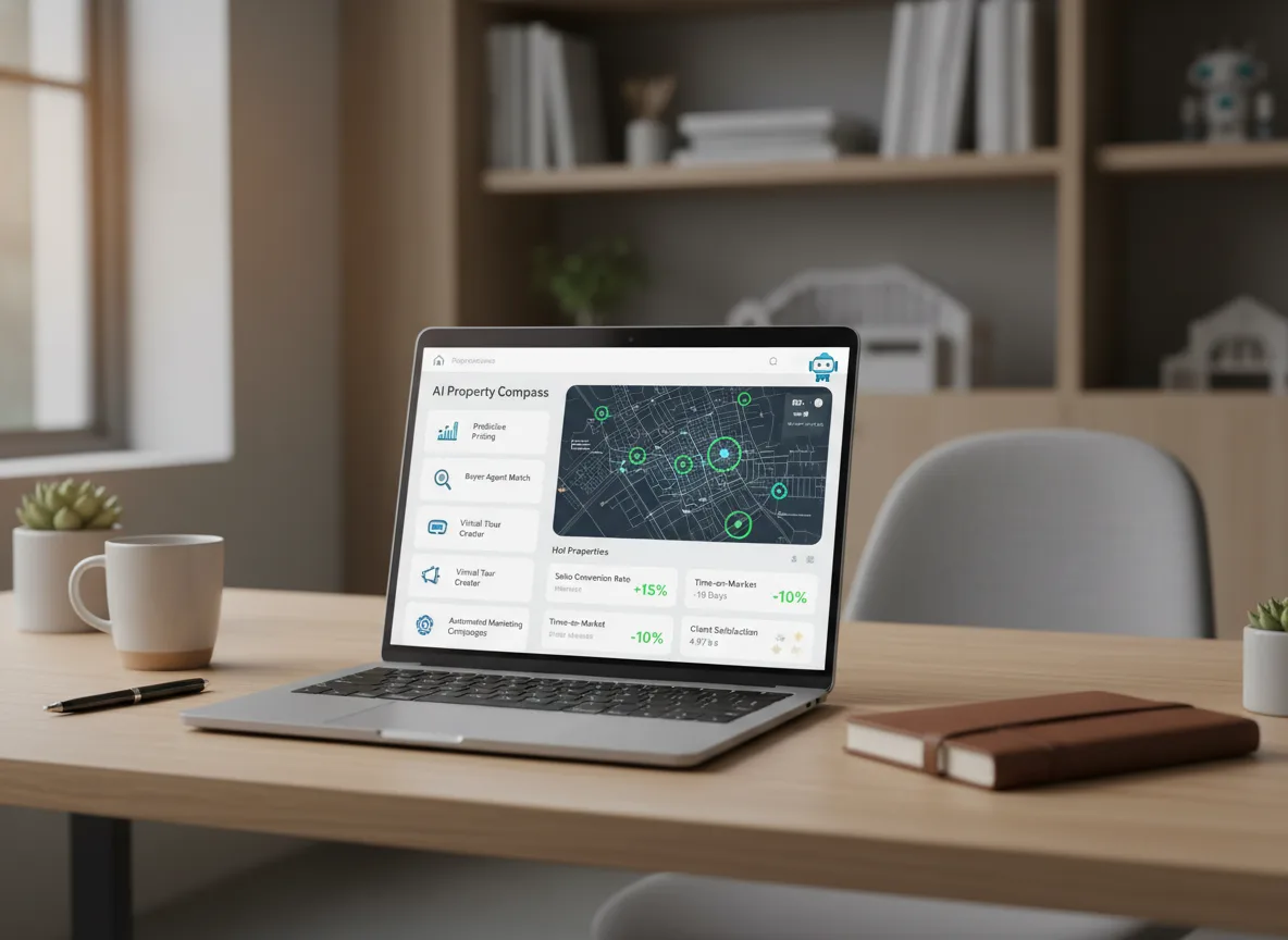 Computador portátil em mesa com software de IA para imóveis. | Imagine Company - Agência de Marketing e Vendas em Goiânia - GO - BRASIL