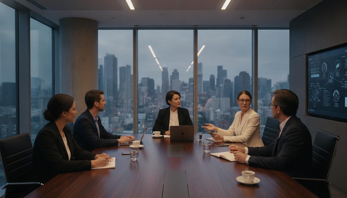 Grupo de pessoas em reunião em sala de conferência com janelas amplas e vista urbana | Imagine Company - Agência de Marketing e Vendas em Goiânia - GO - BRASIL