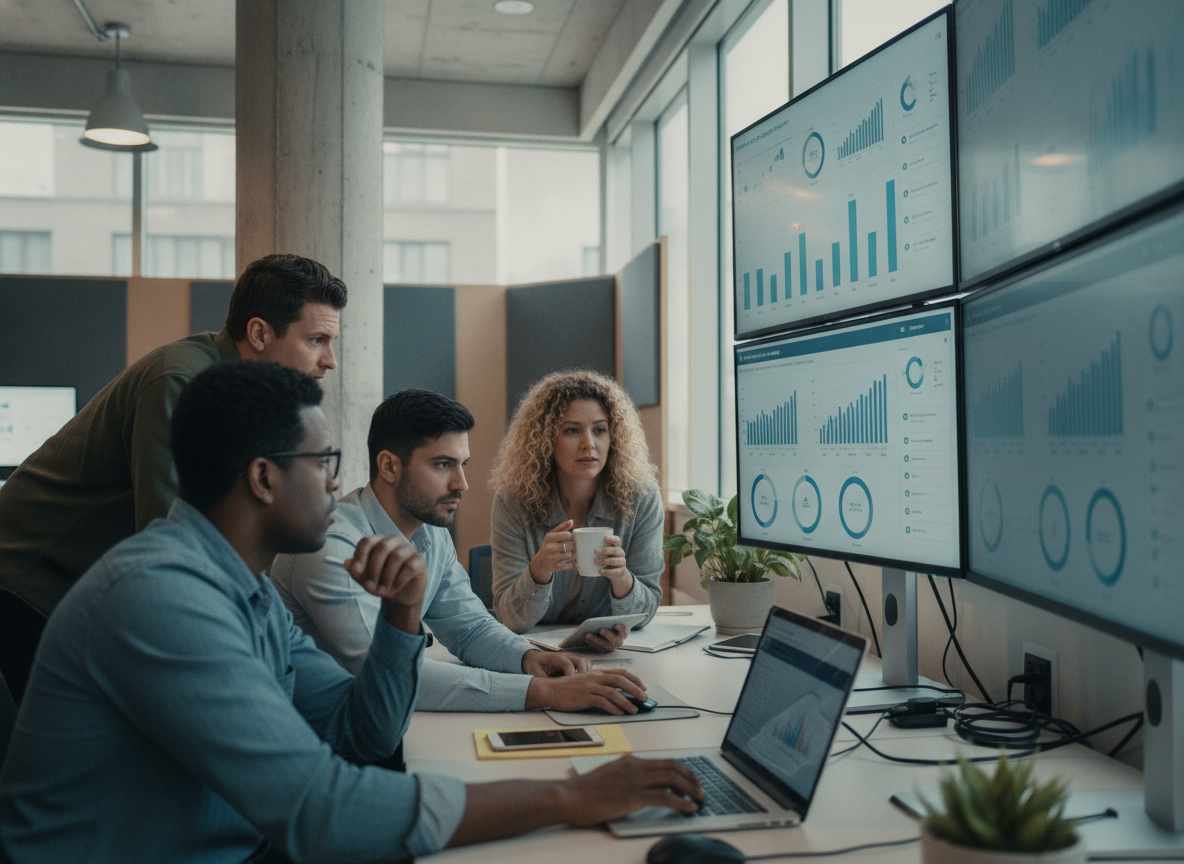 Equipe de marketing analisando gráficos em telas grandes em um escritório | Imagine Company - Agência de Marketing e Vendas em Goiânia - GO - BRASIL