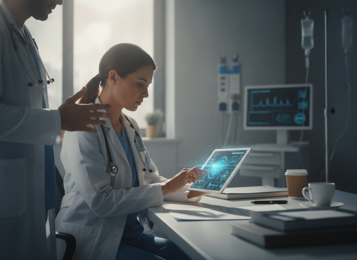 Dois médicos analisam dados de IA em um tablet em um consultório | Imagine Company - Agência de Marketing e Vendas em Goiânia - GO - BRASIL