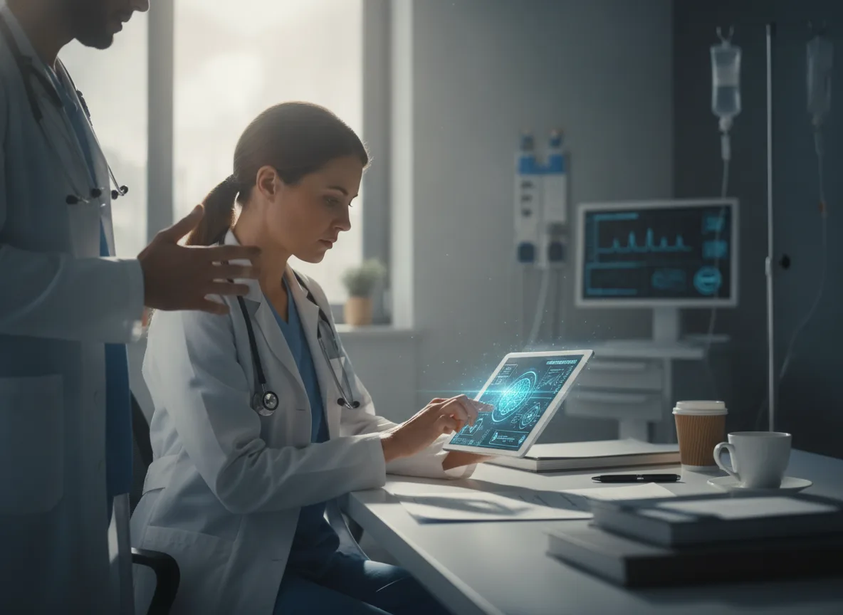 Dois médicos analisam dados de IA em um tablet em um consultório | Imagine Company - Agência de Marketing e Vendas em Goiânia - GO - BRASIL