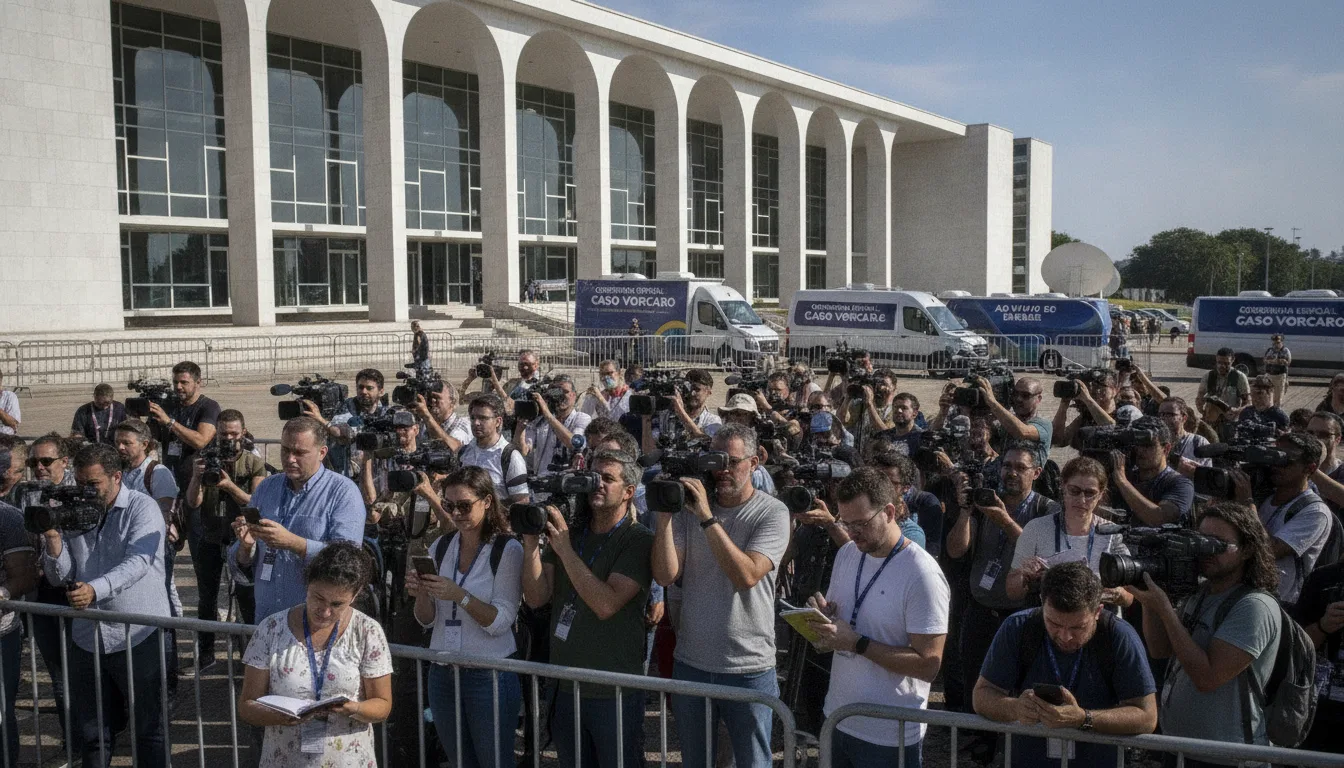 Jornalistas e câmeras em frente ao STF cobrindo o Caso Vorcaro | Imagine Company - Agência de Marketing e Vendas em Goiânia - GO - BRASIL