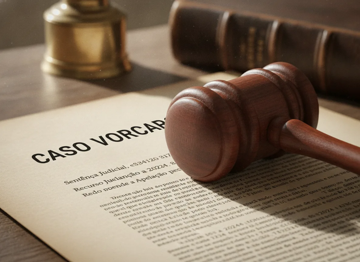Documento legal do Caso Vorcaro com martelo de juiz ao lado | Imagine Company - Agência de Marketing e Vendas em Goiânia - GO - BRASIL