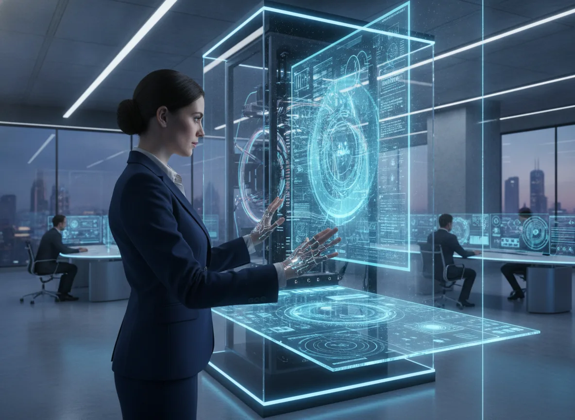Mulher usando holograma de computação quântica em escritório moderno | Imagine Company - Agência de Marketing e Vendas em Goiânia - GO - BRASIL