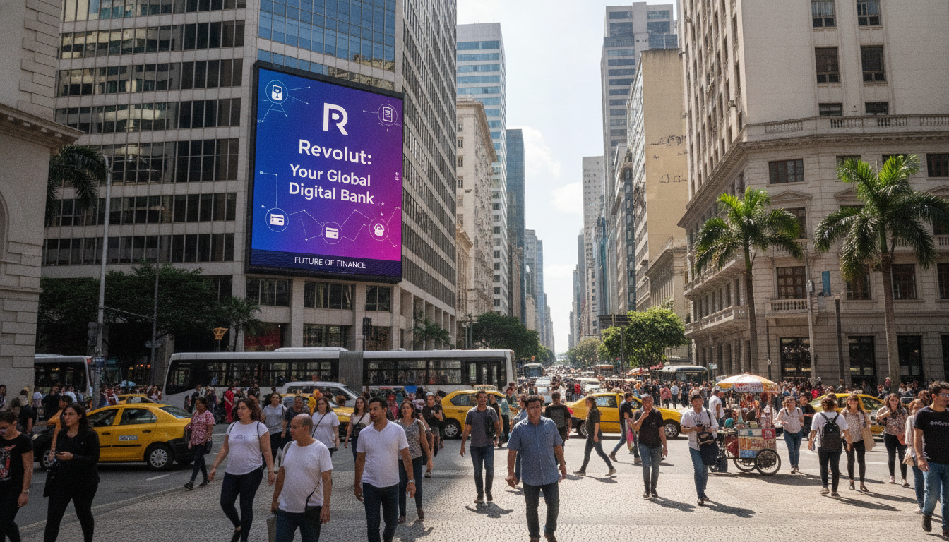 Imagem de rua movimentada no Brasil com outdoor da Revolut | Imagine Company - Agência de Marketing e Vendas em Goiânia - GO - BRASIL