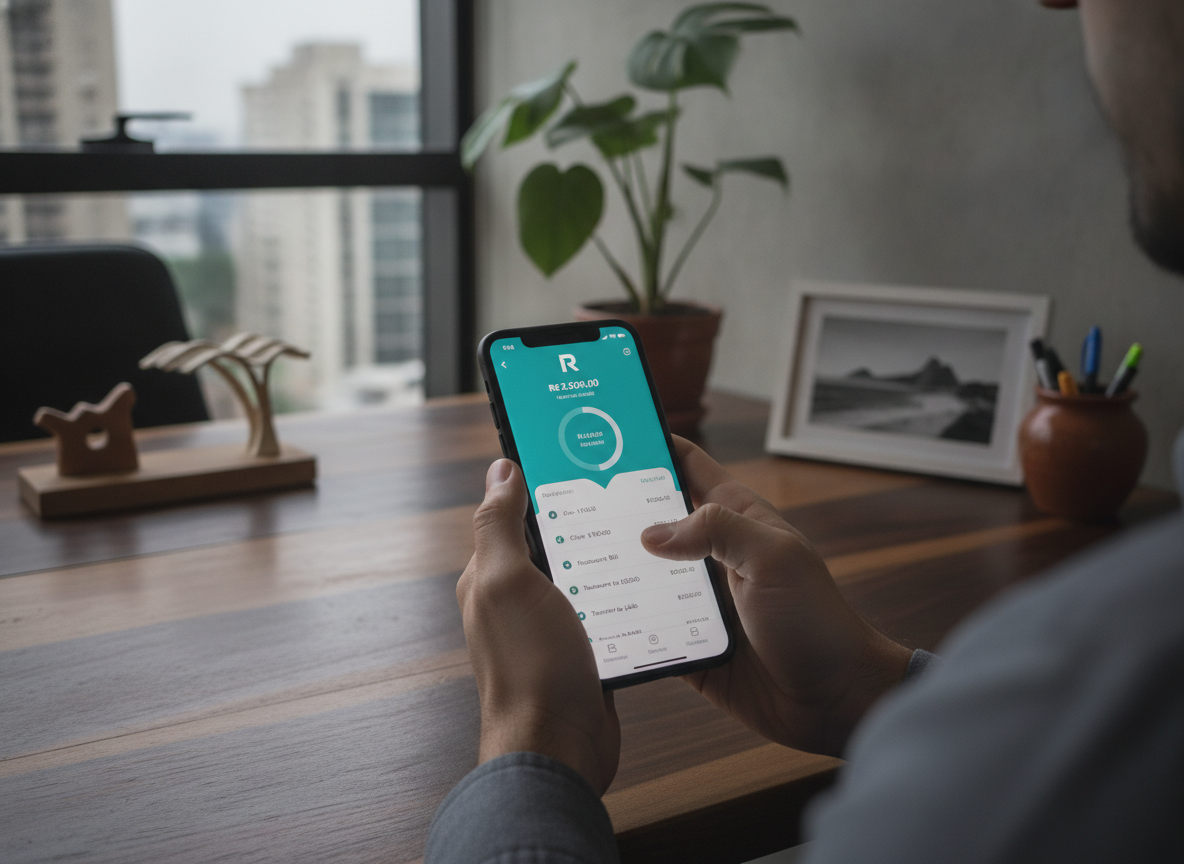 Homem usando aplicativo Revolut em smartphone em escritório | Imagine Company - Agência de Marketing e Vendas em Goiânia - GO - BRASIL
