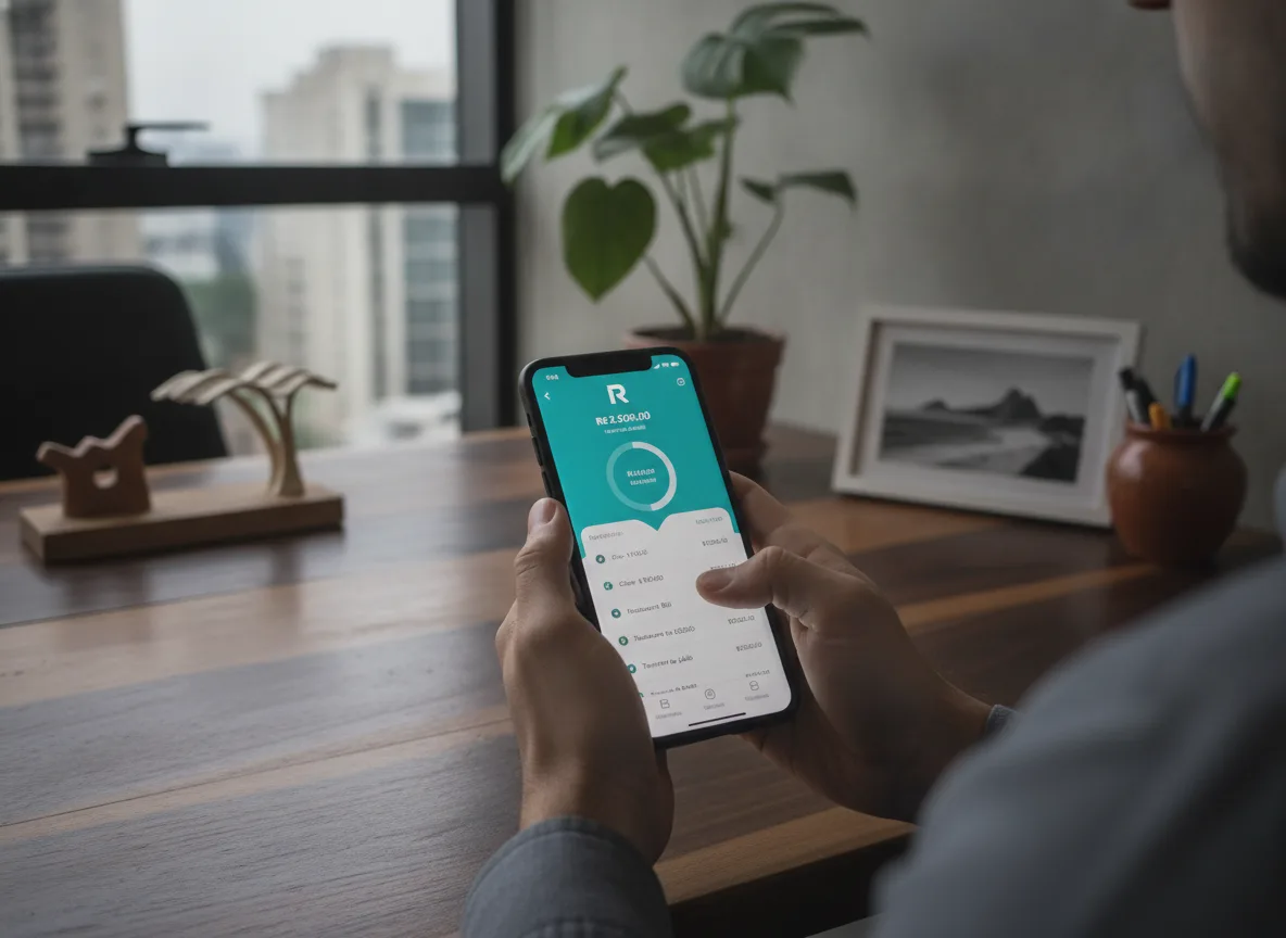 Homem usando aplicativo Revolut em smartphone em escritório | Imagine Company - Agência de Marketing e Vendas em Goiânia - GO - BRASIL