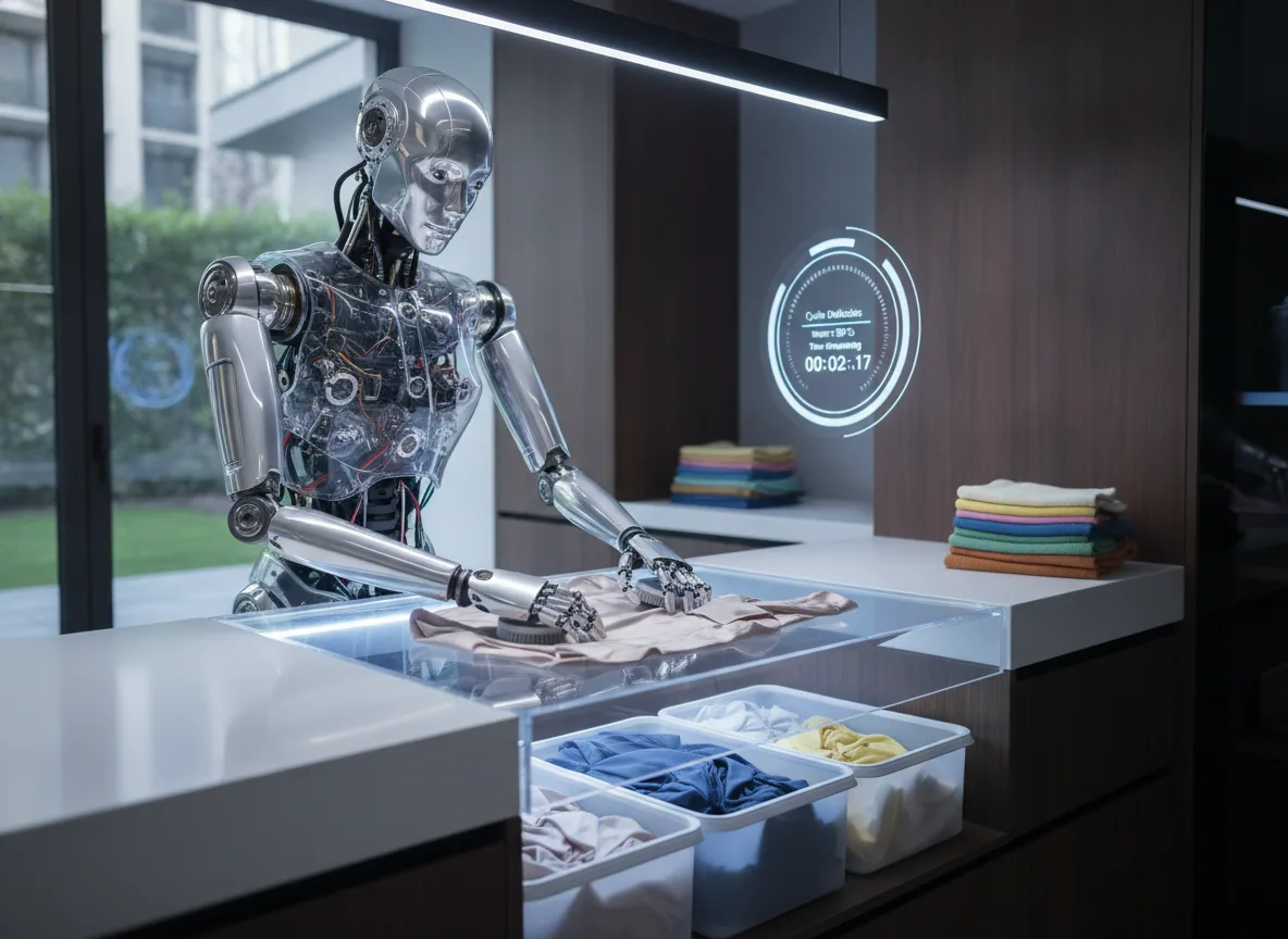 Robô humanoide lavando roupas em ambiente moderno | Imagine Company - Agência de Marketing e Vendas em Goiânia - GO - BRASIL