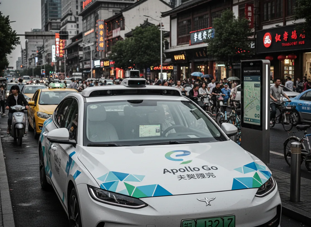 Robotáxi Apollo Go parado em rua movimentada na China | Imagine Company - Agência de Marketing e Vendas em Goiânia - GO - BRASIL