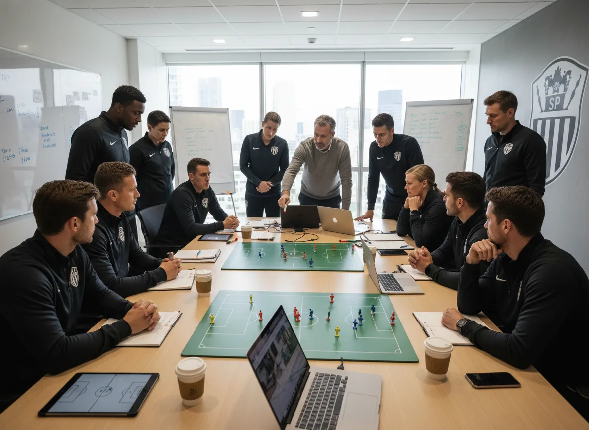 Reunião de equipe discutindo estratégias de futebol com laptops e quadros | Imagine Company - Agência de Marketing e Vendas em Goiânia - GO - BRASIL