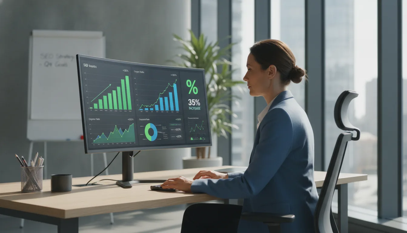Mulher analisando gráficos de ROI SEO em tela de computador em escritório moderno | Imagine Company - Agência de Marketing e Vendas em Goiânia - GO - BRASIL