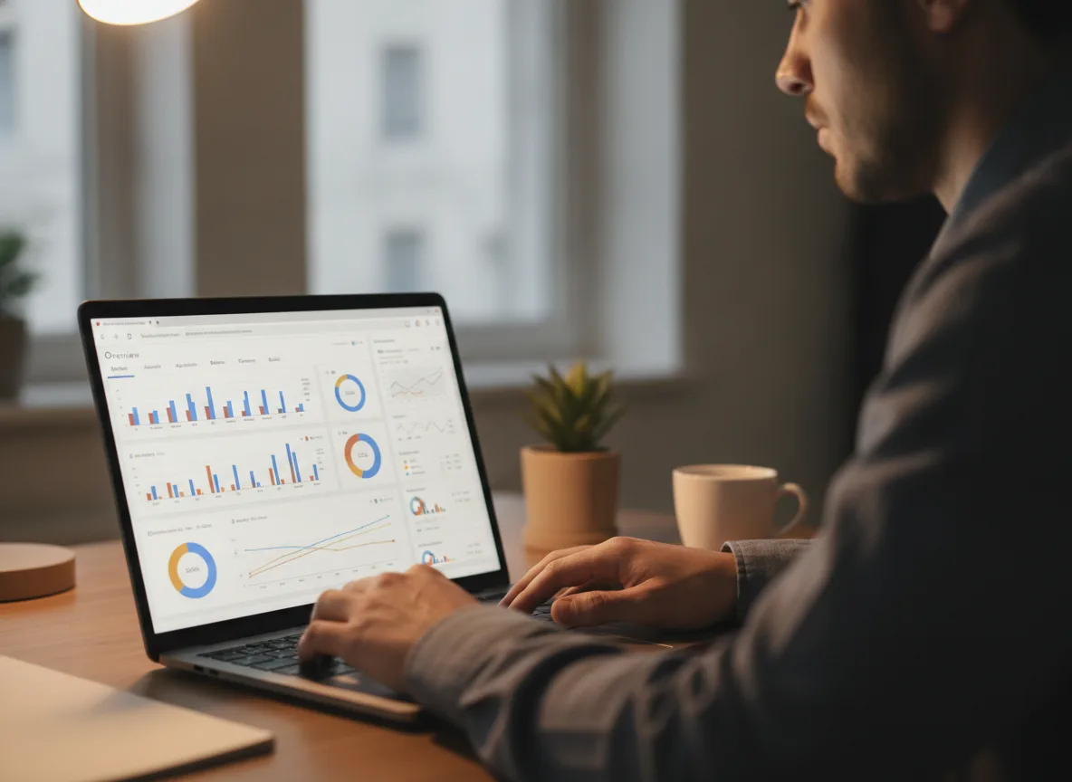Homem analisando gráficos de ROI SEO em laptop em escritório | Imagine Company - Agência de Marketing e Vendas em Goiânia - GO - BRASIL