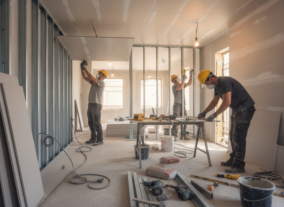 Trabalhadores com capacetes em obra, qualificando-se na construção civil. | Imagine Company - Agência de Marketing e Vendas em Goiânia - GO - BRASIL