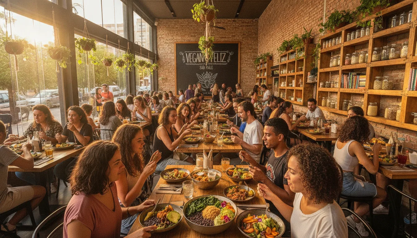 Pessoas em restaurante vegano em SP com pratos de saladas e feijoada | Imagine Company - Agência de Marketing e Vendas em Goiânia - GO - BRASIL