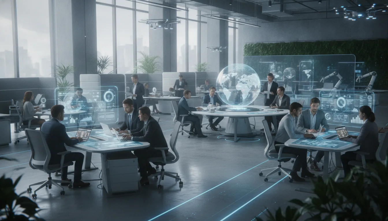 Profissionais de tecnologia em escritório moderno com hologramas e computadores | Imagine Company - Agência de Marketing e Vendas em Goiânia - GO - BRASIL