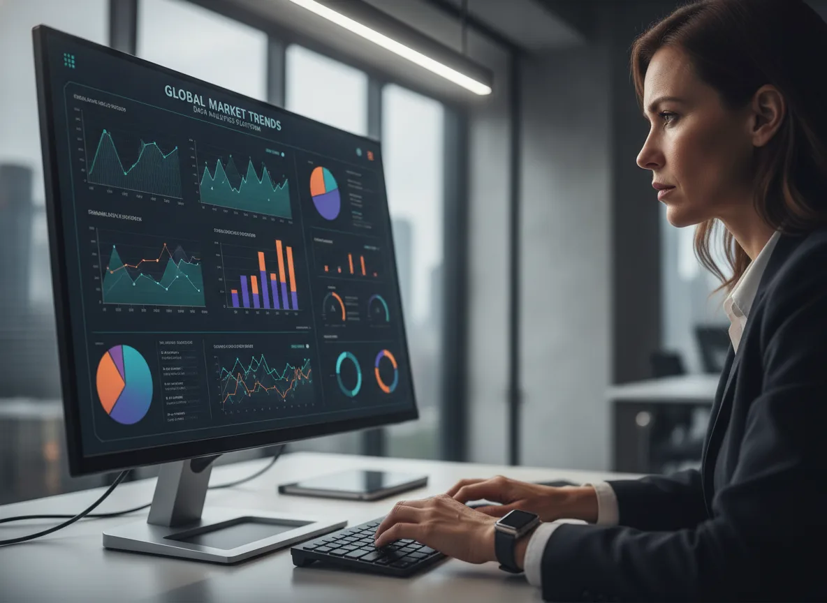 Mulher em escritório analisando gráficos de mercado em tela de computador | Imagine Company - Agência de Marketing e Vendas em Goiânia - GO - BRASIL