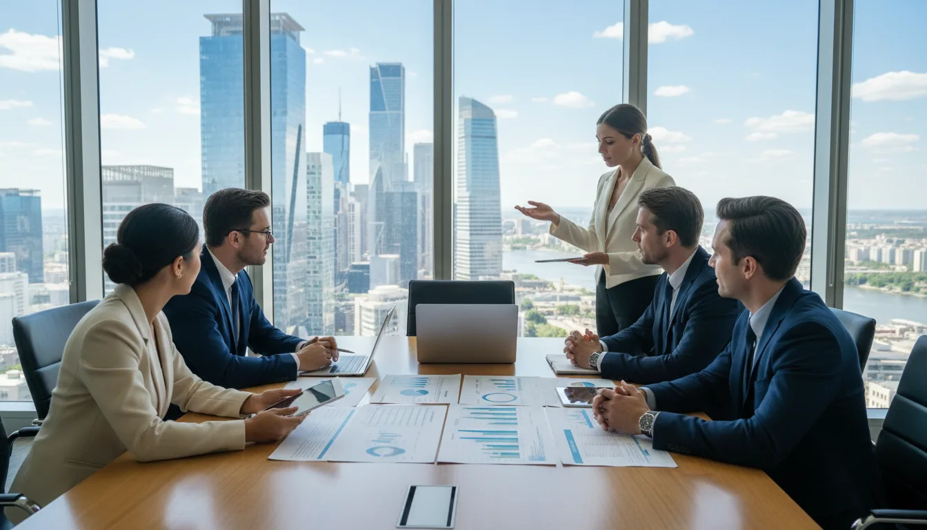 Pessoas em reunião empresarial com gráficos financeiros em mesa e vista de cidade ao fundo | Imagine Company - Agência de Marketing e Vendas em Goiânia - GO - BRASIL