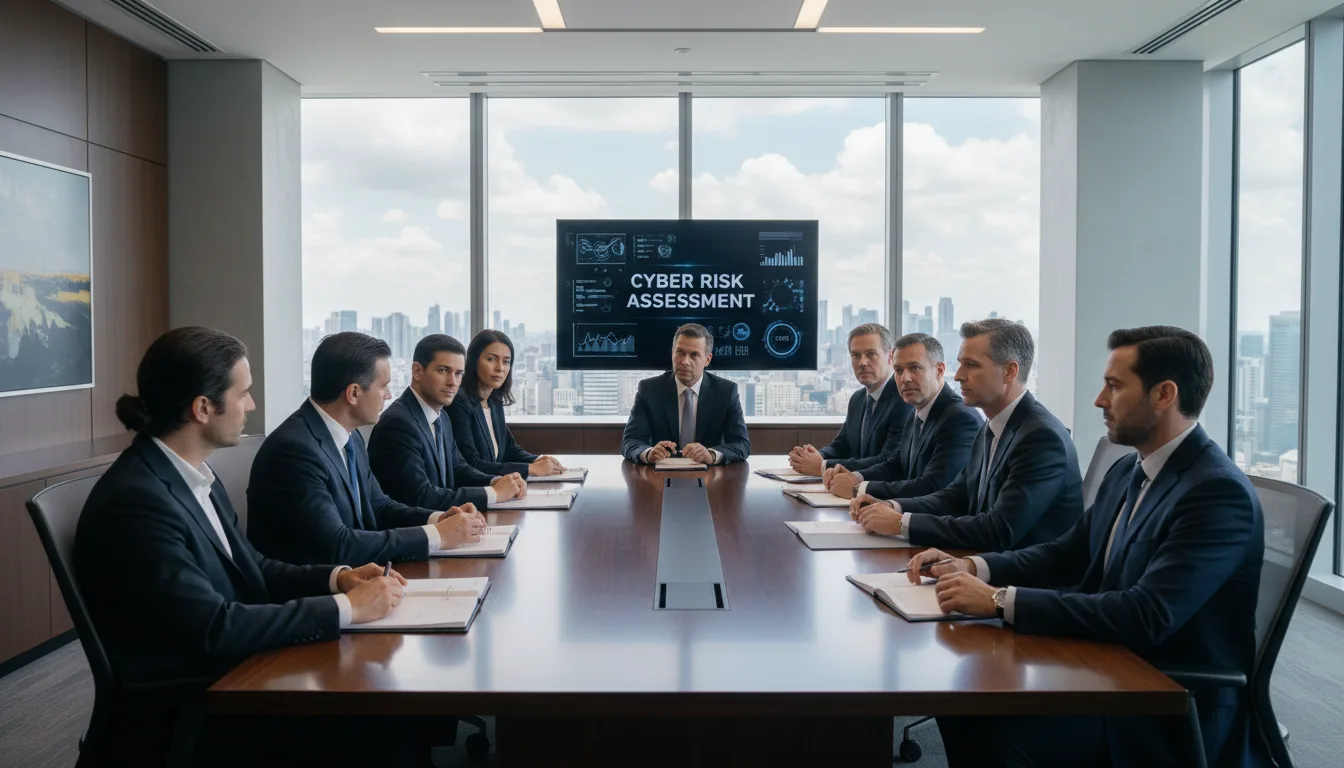 Executivos em reunião sobre avaliação de riscos cibernéticos em sala de conferência moderna. | Imagine Company - Agência de Marketing e Vendas em Goiânia - GO - BRASIL