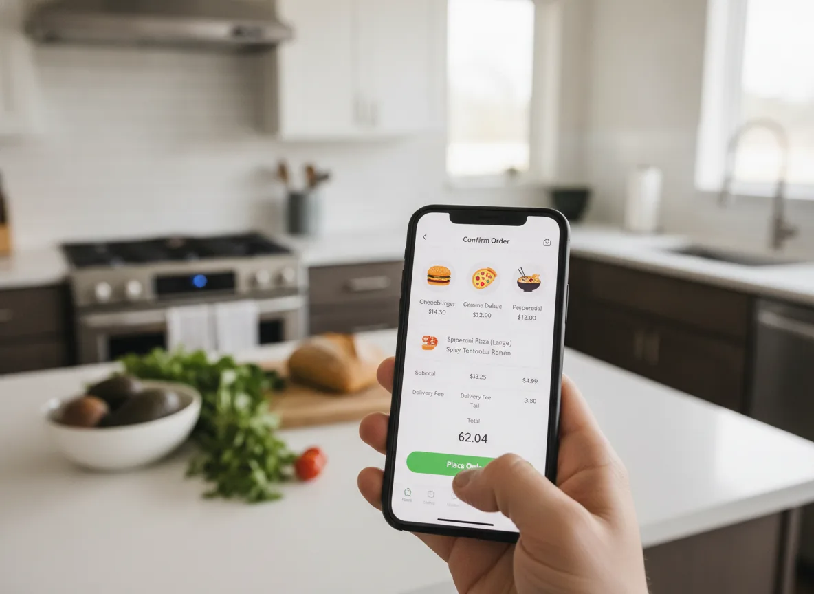 Pessoa usando aplicativo de delivery 99food em cozinha moderna | Imagine Company - Agência de Marketing e Vendas em Goiânia - GO - BRASIL