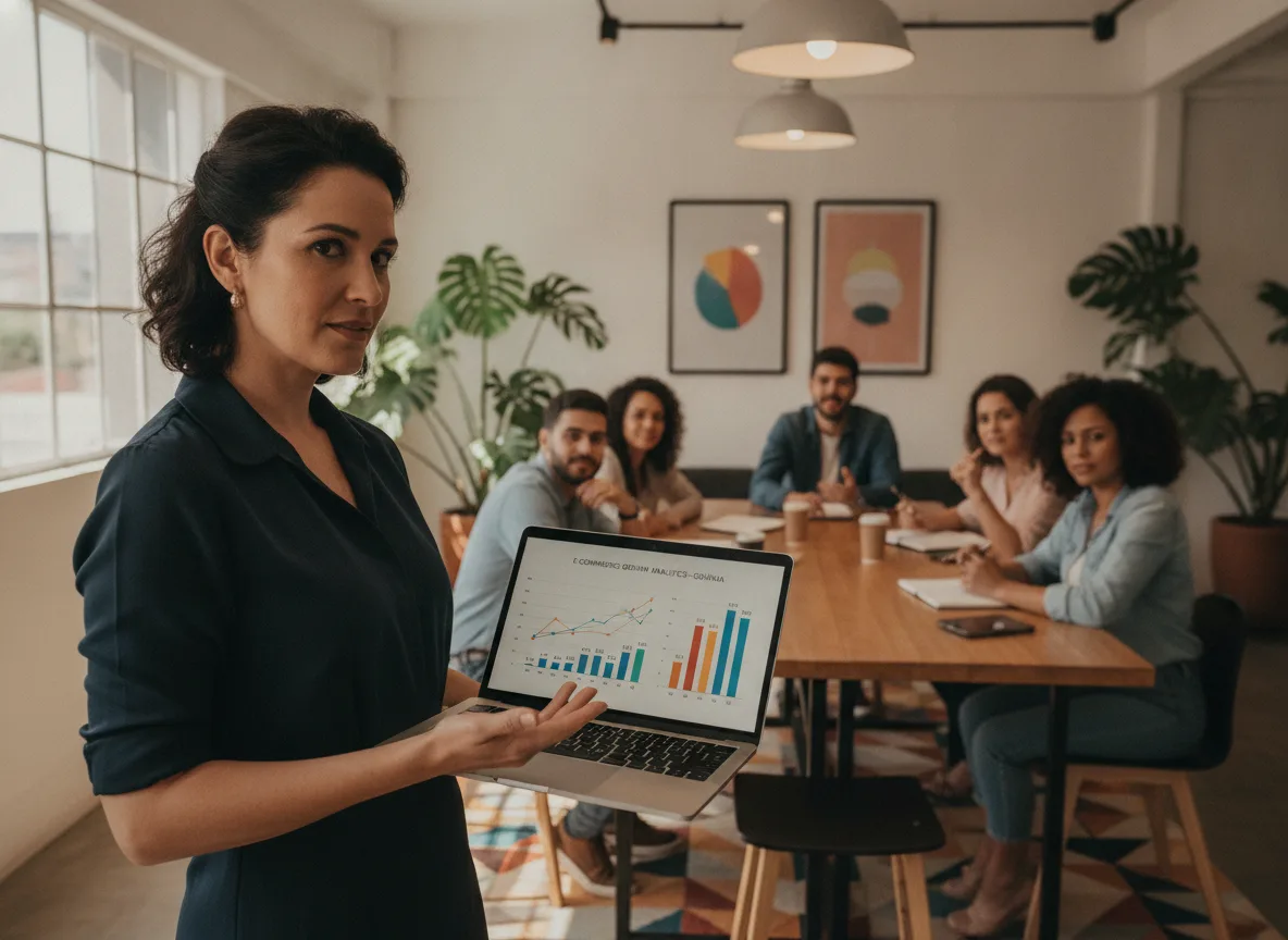 Mulher apresentando gráficos de e-commerce em reunião de equipe | Imagine Company - Agência de Marketing e Vendas em Goiânia - GO - BRASIL