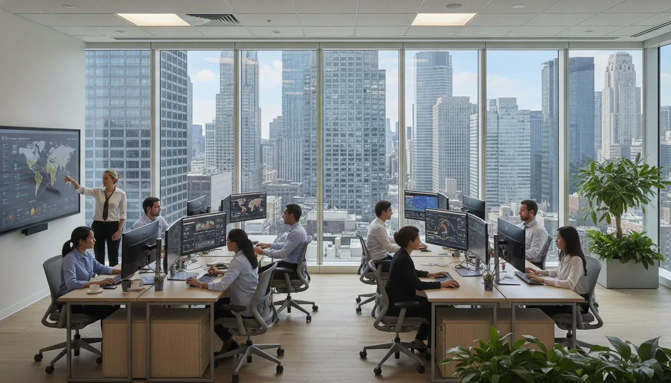 Equipe em escritório moderno analisa impacto do El Niño em telas. | Imagine Company - Agência de Marketing e Vendas em Goiânia - GO - BRASIL