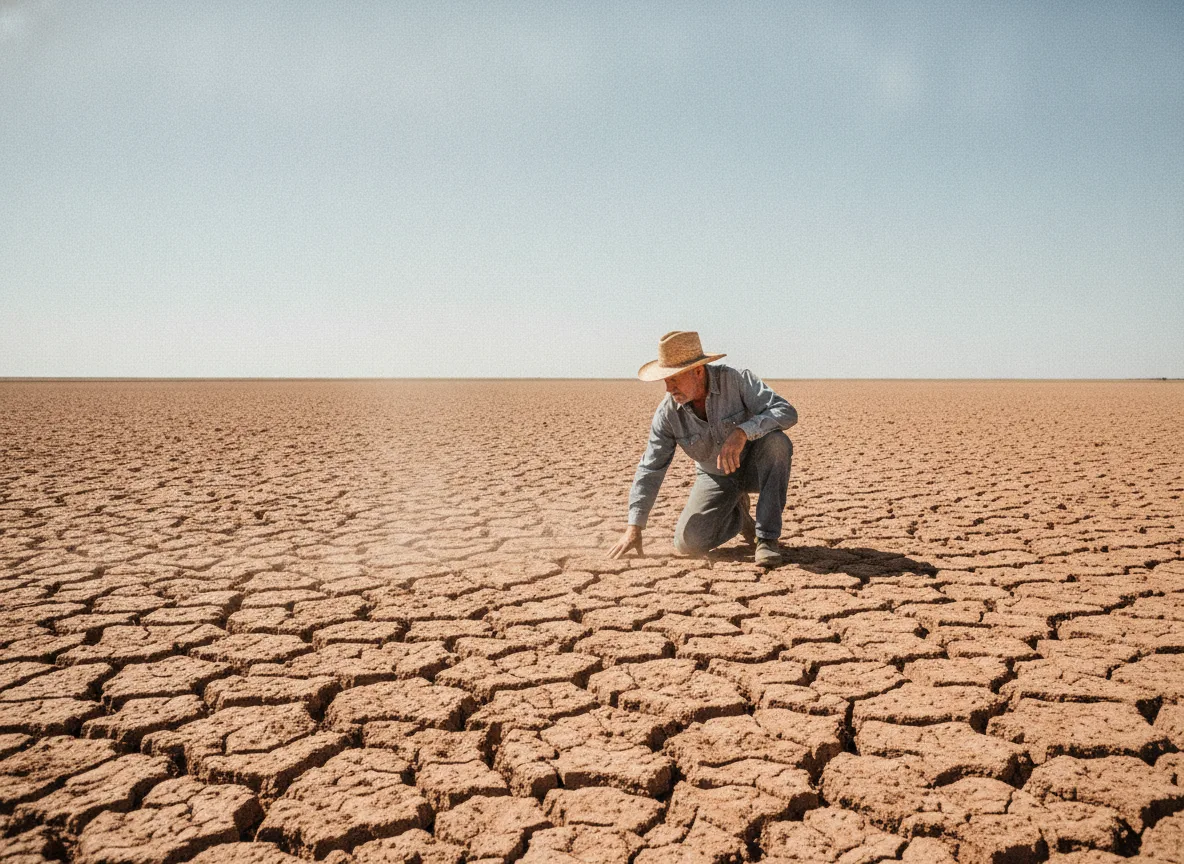 Homem em solo seco avaliando impacto do El Niño | Imagine Company - Agência de Marketing e Vendas em Goiânia - GO - BRASIL