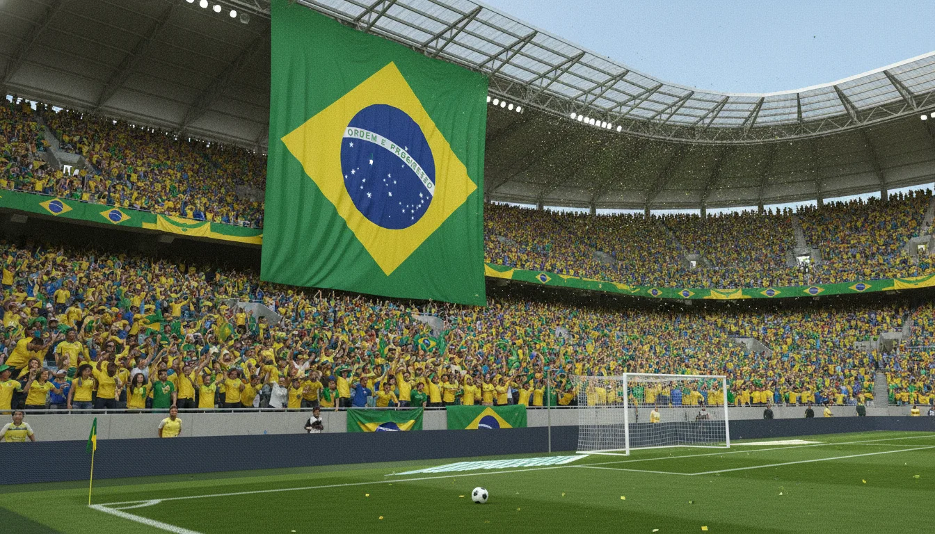 Torcida brasileira vibrante em estádio com bandeira do Brasil | Imagine Company - Agência de Marketing e Vendas em Goiânia - GO - BRASIL