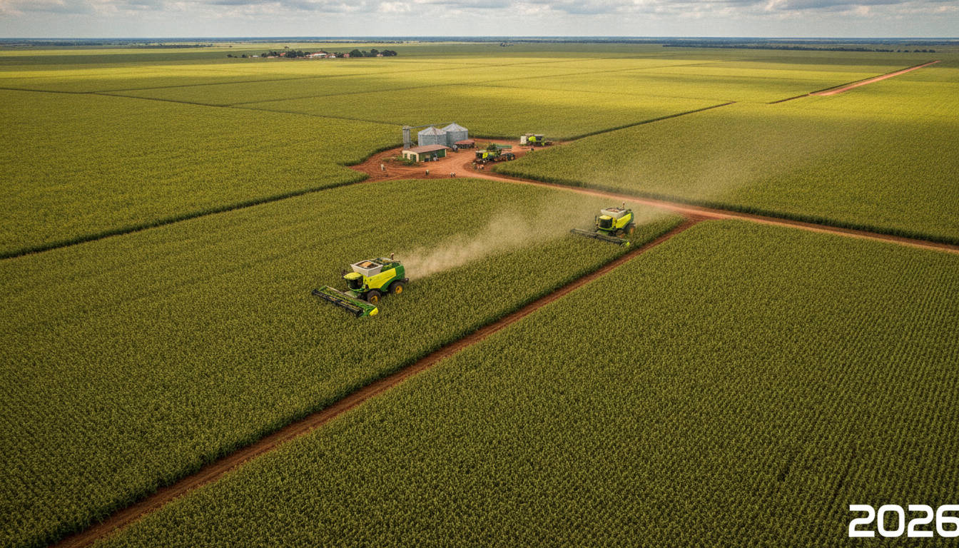 Vista aérea de colheitadeiras em campo de soja no Mato Grosso | Imagine Company - Agência de Marketing e Vendas em Goiânia - GO - BRASIL