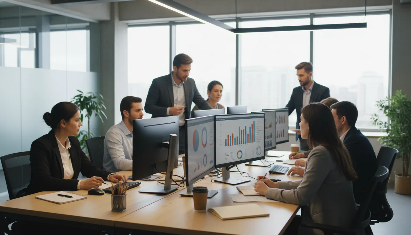 Profissionais em reunião analisando gráficos de SEO em escritório moderno | Imagine Company - Agência de Marketing e Vendas em Goiânia - GO - BRASIL