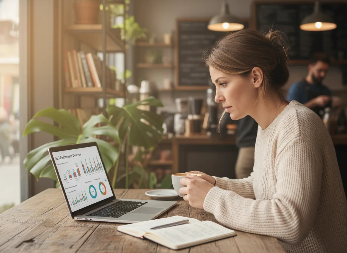 Mulher em café estudando gráficos de SEO no laptop | Imagine Company - Agência de Marketing e Vendas em Goiânia - GO - BRASIL