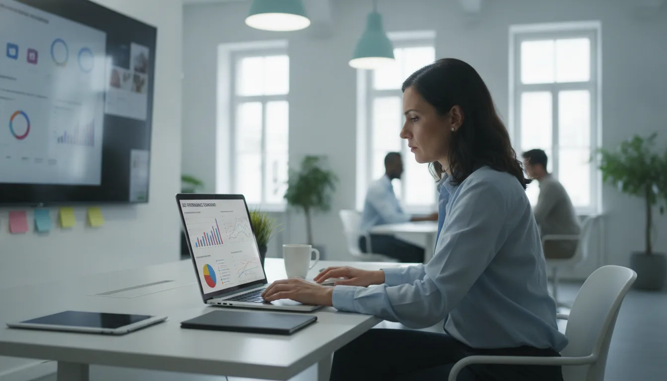 Mulher trabalhando em laptop com gráficos de SEO em escritório moderno | Imagine Company - Agência de Marketing e Vendas em Goiânia - GO - BRASIL