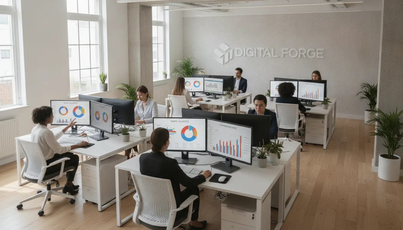 Equipe em escritório moderno analisando gráficos de SEO em computadores | Imagine Company - Agência de Marketing e Vendas em Goiânia - GO - BRASIL