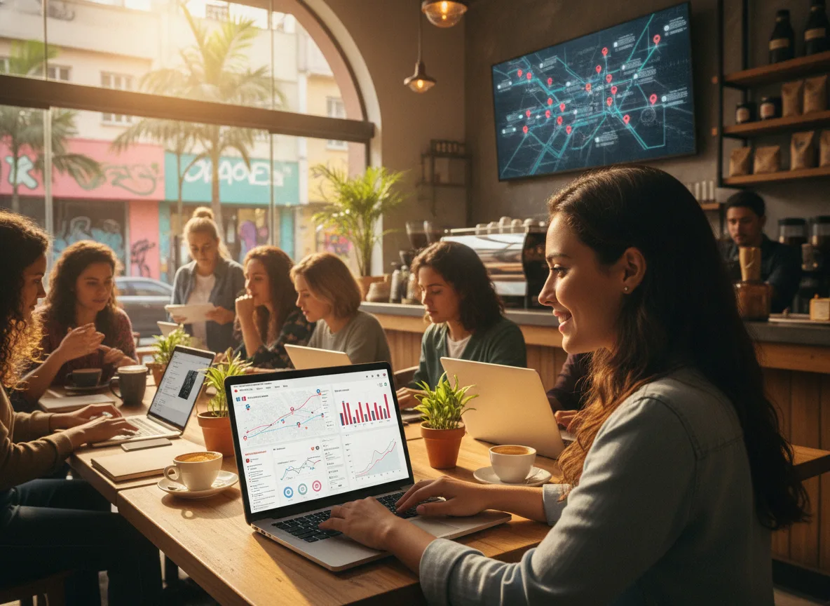 Grupo de pessoas em café analisando gráficos de SEO em laptops. | Imagine Company - Agência de Marketing e Vendas em Goiânia - GO - BRASIL