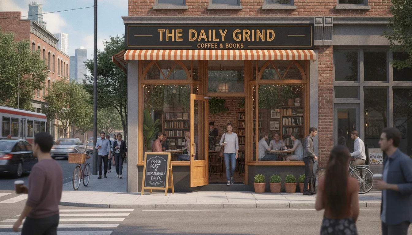 Fachada de cafeteria e livraria com pessoas na calçada | Imagine Company - Agência de Marketing e Vendas em Goiânia - GO - BRASIL